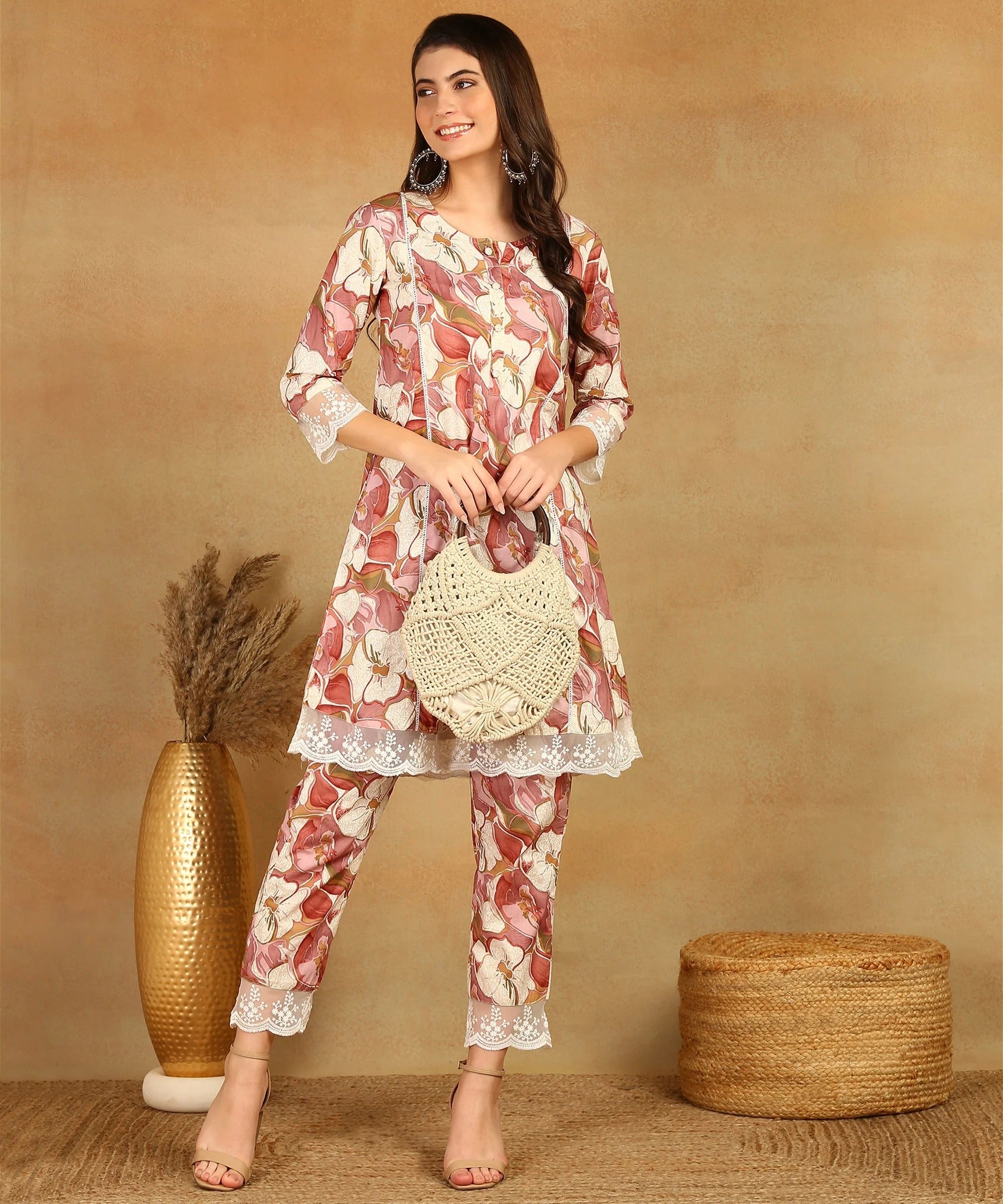 Pink Floral Print Cotton Kurta Set for Women