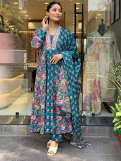 Teal Blossom Viscose Suit Set