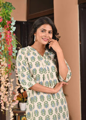 Cream Green Handblock Printed Cotton Kurta Set for Women