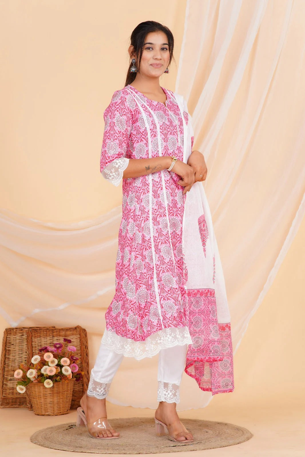 Pink Printed Straight Kurta with Lace Detailing & White Cotton Pant