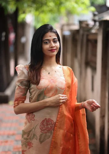 Peach & Orange Floral Printed Suit Set with Organza Dupatta