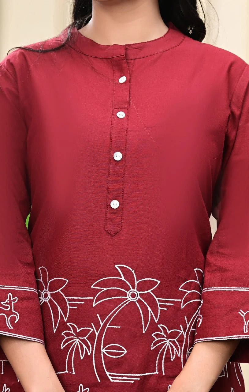 Wine Red Cotton Embroidered Kurta Set for Women
