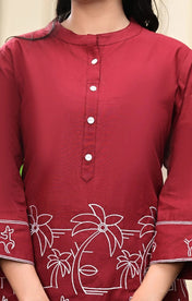 Wine Red Cotton Embroidered Kurta Set for Women