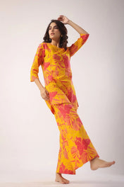 Yellow & Pink Floral Printed Cotton Kurta Set for Women