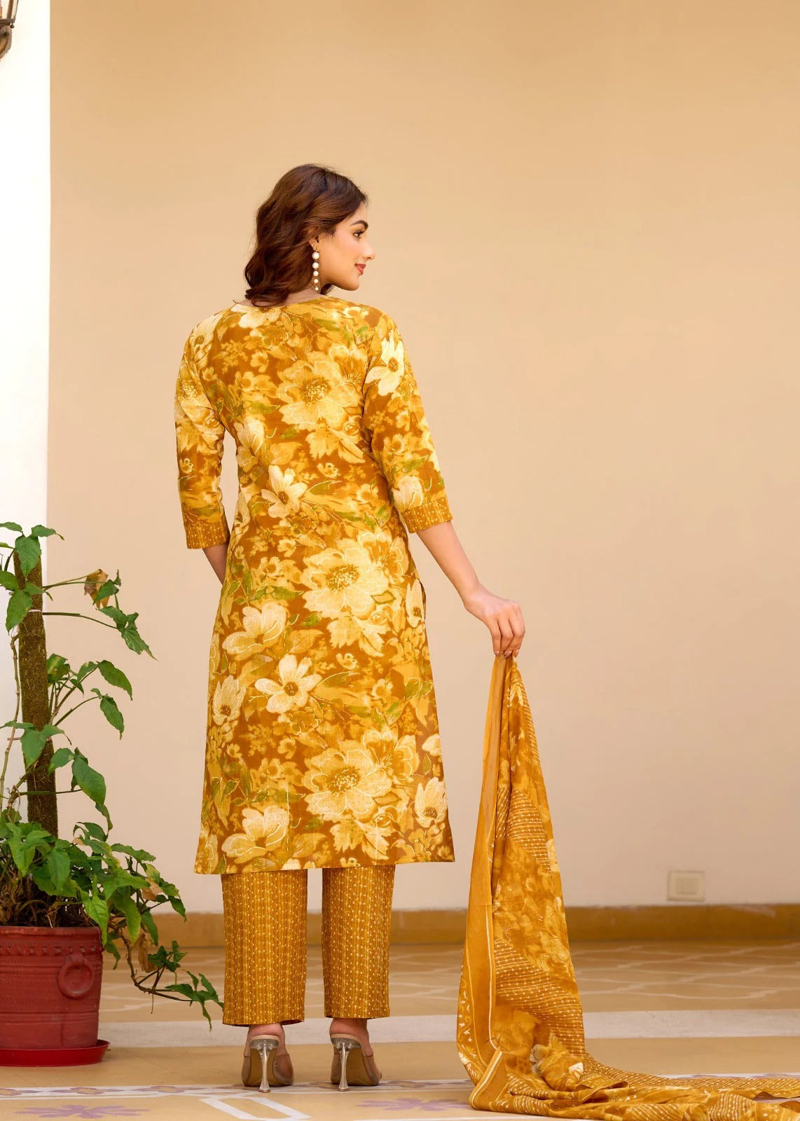 Mustard Yellow Floral Print Cotton Suit Set With Matching Pants & Dupatta