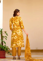 Mustard Yellow Floral Print Cotton Suit Set With Matching Pants & Dupatta