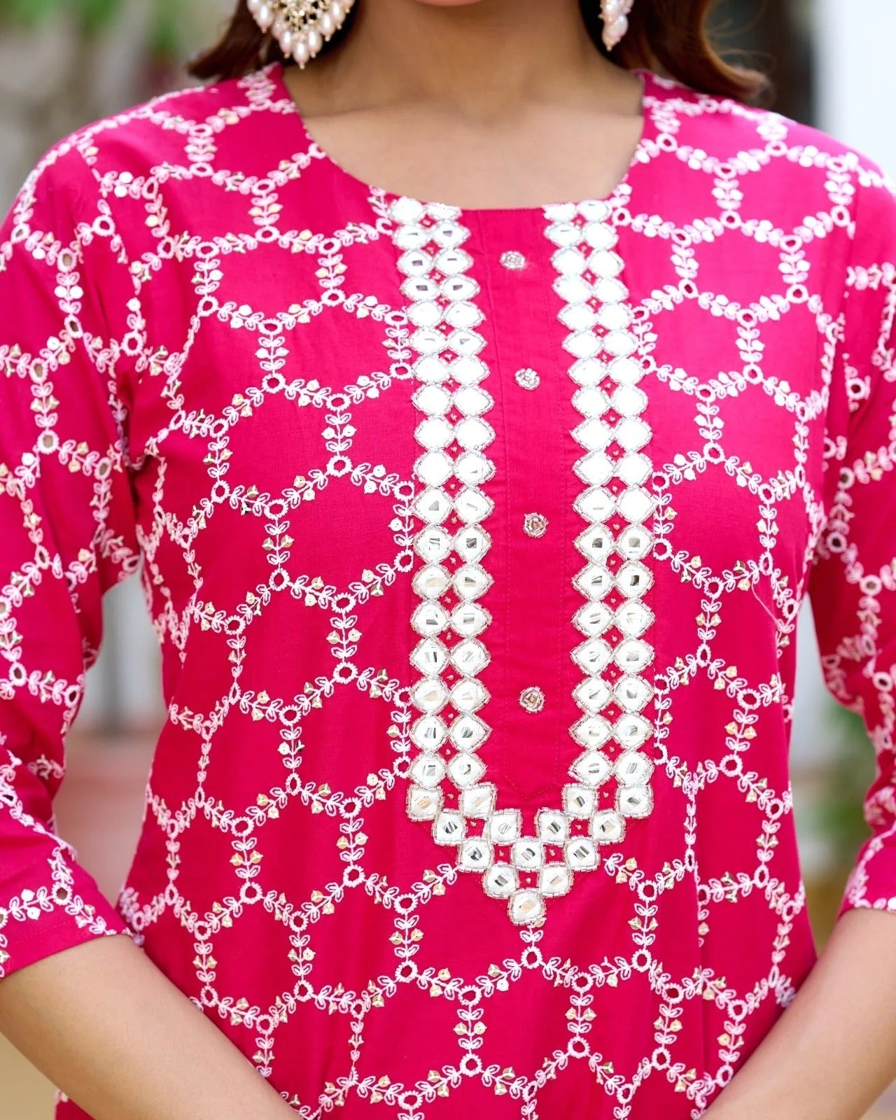 Rani Pink Printed Cotton Straight Kurta Set with Pant & Chiffon Dupatta