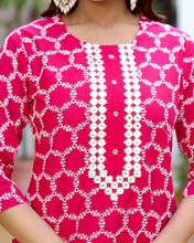 Rani Pink Printed Cotton Straight Kurta Set with Pant & Chiffon Dupatta