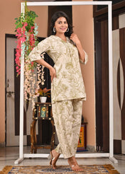 Beige Floral Printed Cotton Co-Ord Set for Women