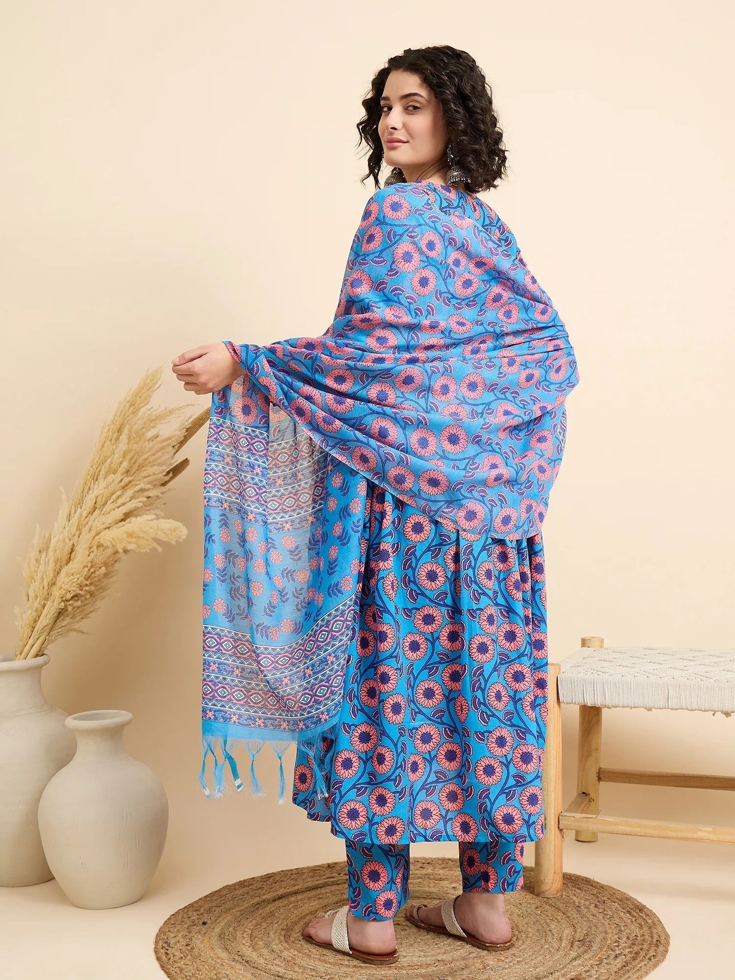 Blue & Pink Floral Printed Cotton Kurta Set with Dupatta
