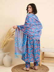 Blue & Pink Floral Printed Cotton Kurta Set with Dupatta
