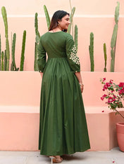 Zehra Olive Bloom Cotton Anarkali Gown