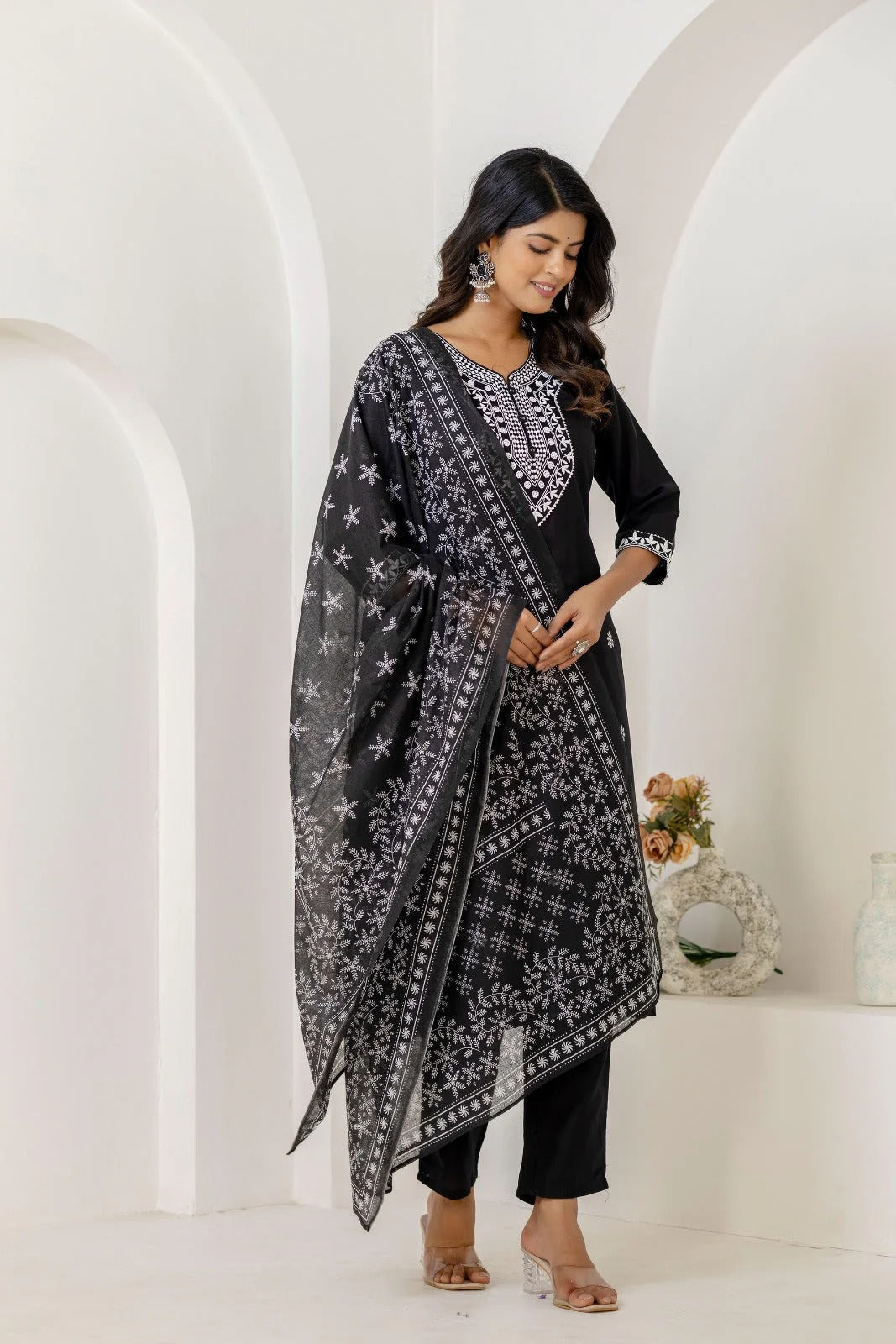 Black & White Embroidered Cotton Straight Kurta Set with Chiffon Dupatta