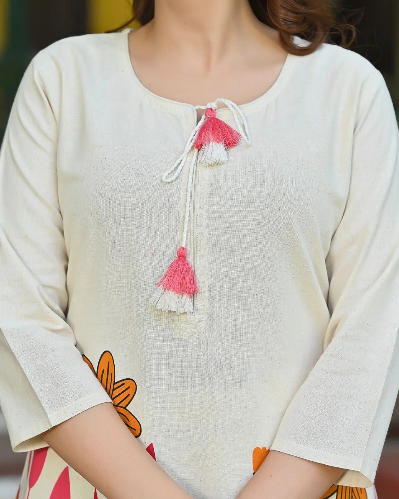 Cream Floral Printed Cotton Kurta Set for Women