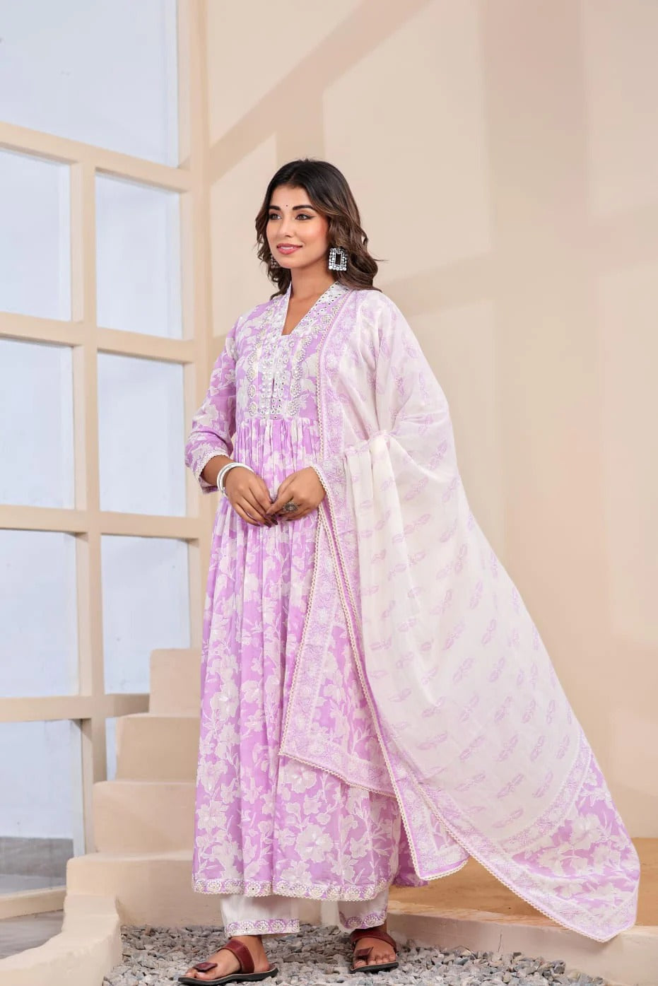 Lavender & White Floral Printed Anarkali Kurta Set with Dupatta