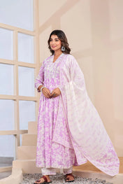 Lavender & White Floral Printed Anarkali Kurta Set with Dupatta