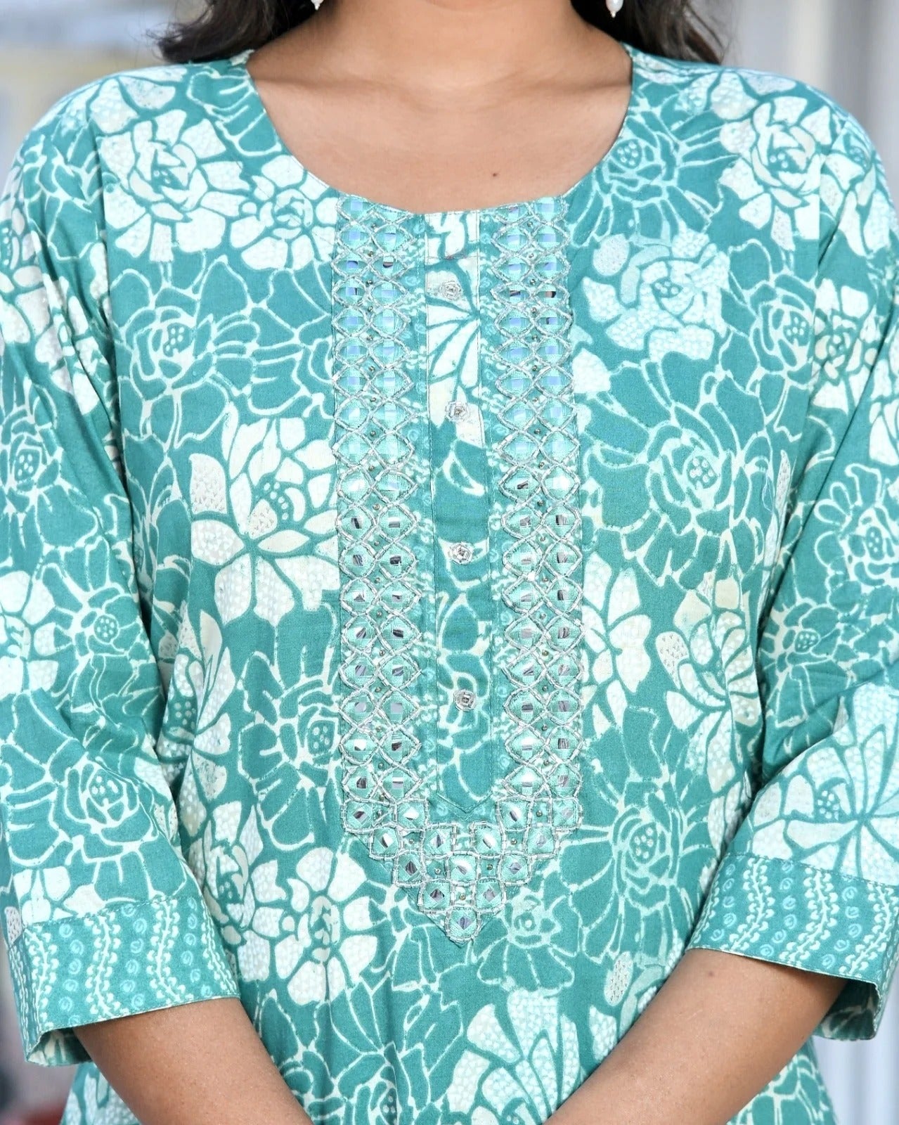 Aqua Blue Floral Printed Cotton Kurta Set with Pant & Dupatta