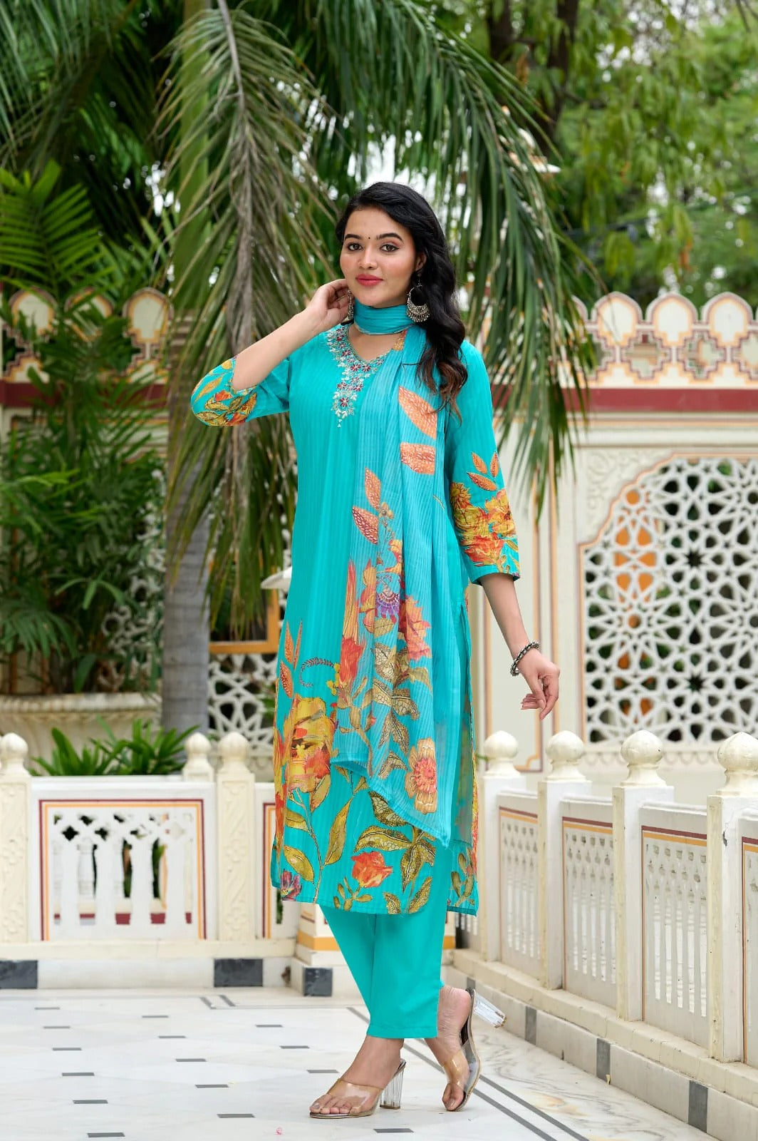 Turquoise Floral Printed Straight Kurta Set with Pant & Chiffon Dupatta