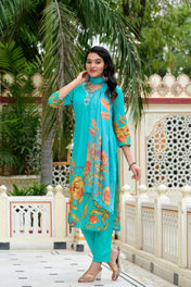 Turquoise Floral Printed Straight Kurta Set with Pant & Chiffon Dupatta