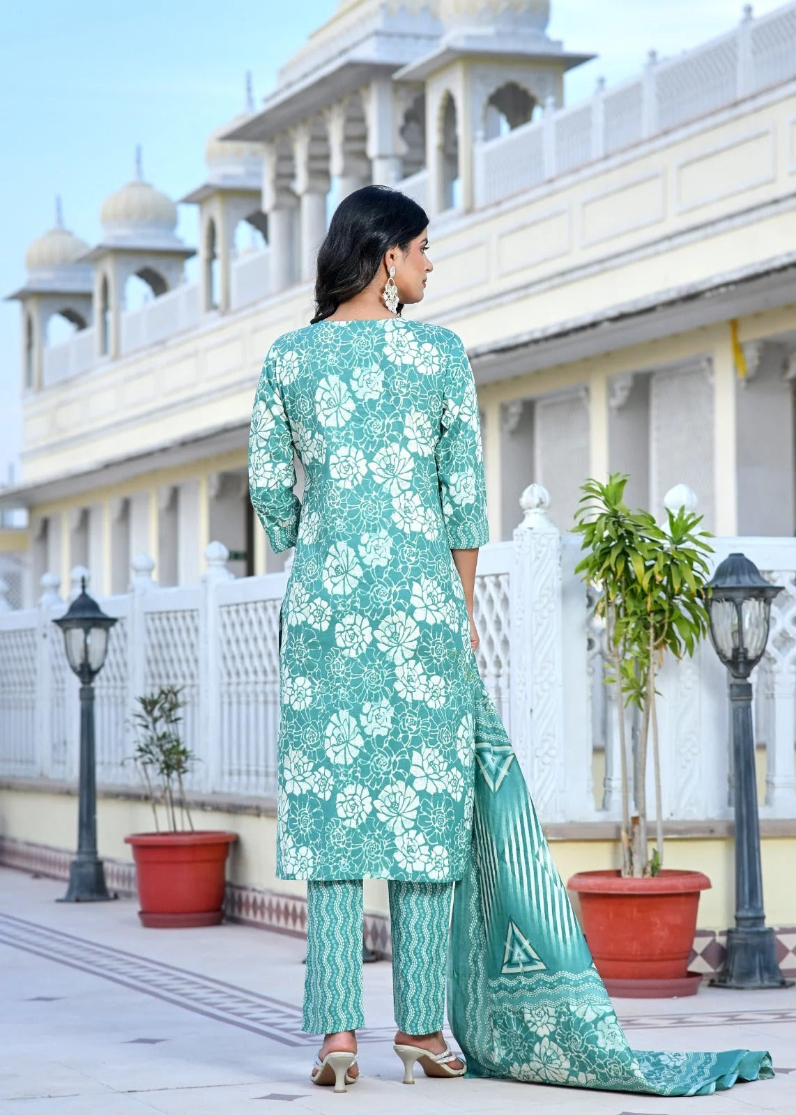 Aqua Blue Floral Printed Cotton Kurta Set with Pant & Dupatta