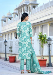Aqua Blue Floral Printed Cotton Kurta Set with Pant & Dupatta