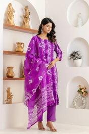 Purple Bandhani Printed Cotton Suit Set with Dupatta