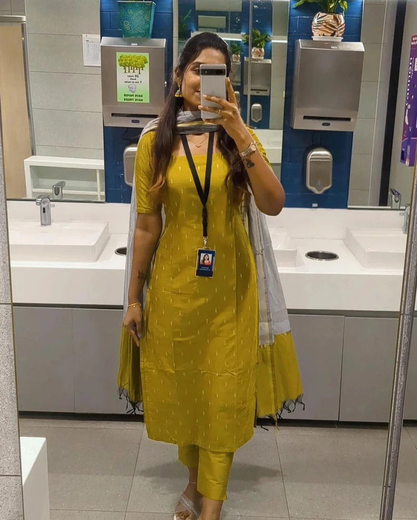 Mustard Yellow Solid Cotton Kurta Set with Grey Dupatta