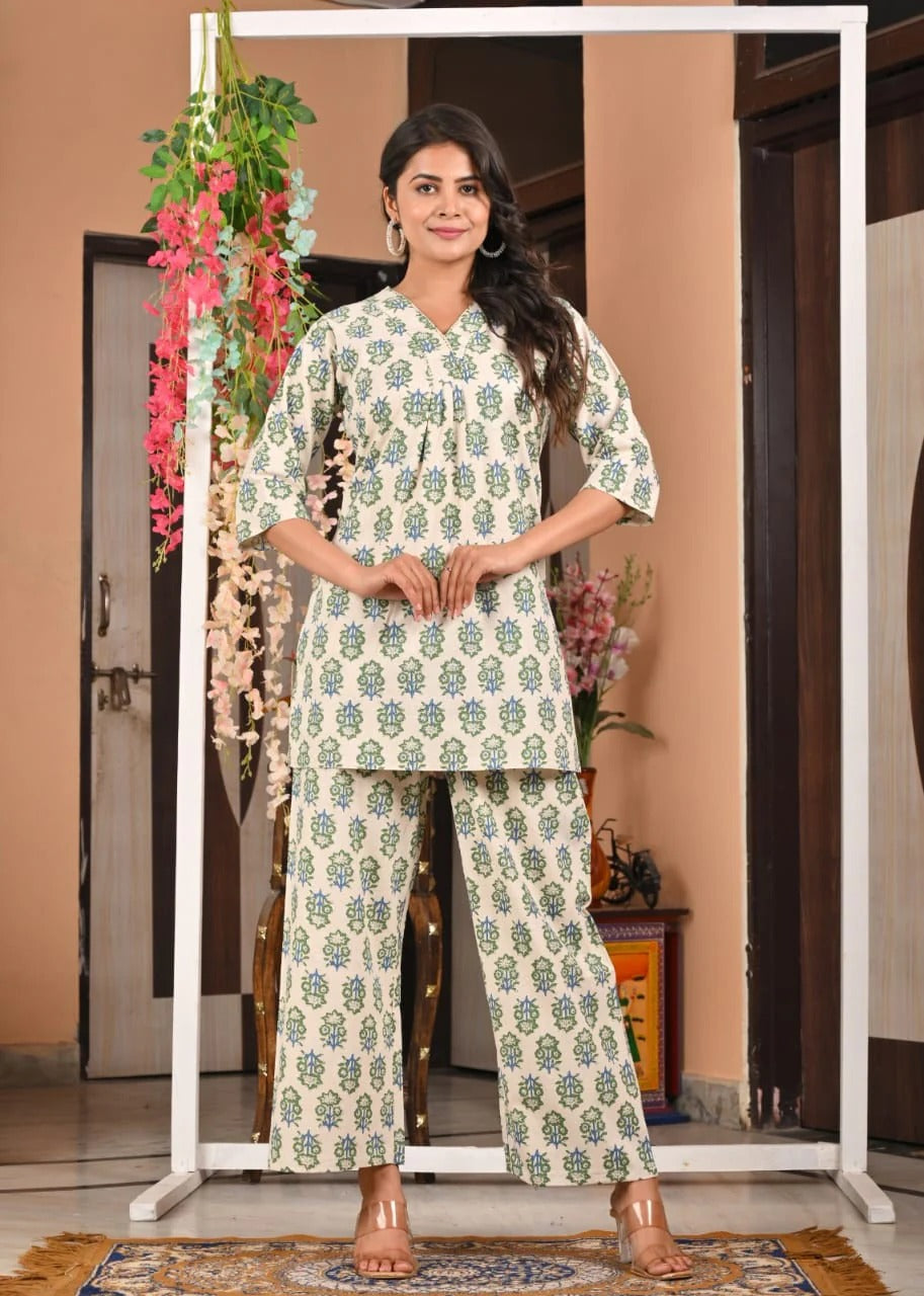 Cream Green Handblock Printed Cotton Kurta Set for Women