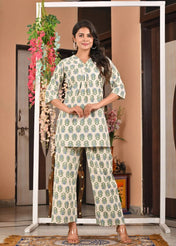 Cream Green Handblock Printed Cotton Kurta Set for Women