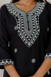 Black & White Embroidered Cotton Straight Kurta Set with Chiffon Dupatta