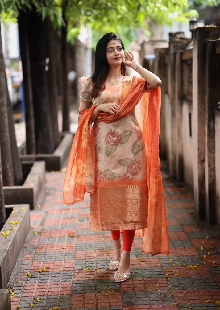 Peach & Orange Floral Printed Suit Set with Organza Dupatta