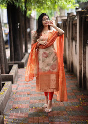 Peach & Orange Floral Printed Suit Set with Organza Dupatta