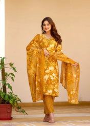 Mustard Yellow Floral Print Cotton Suit Set With Matching Pants & Dupatta