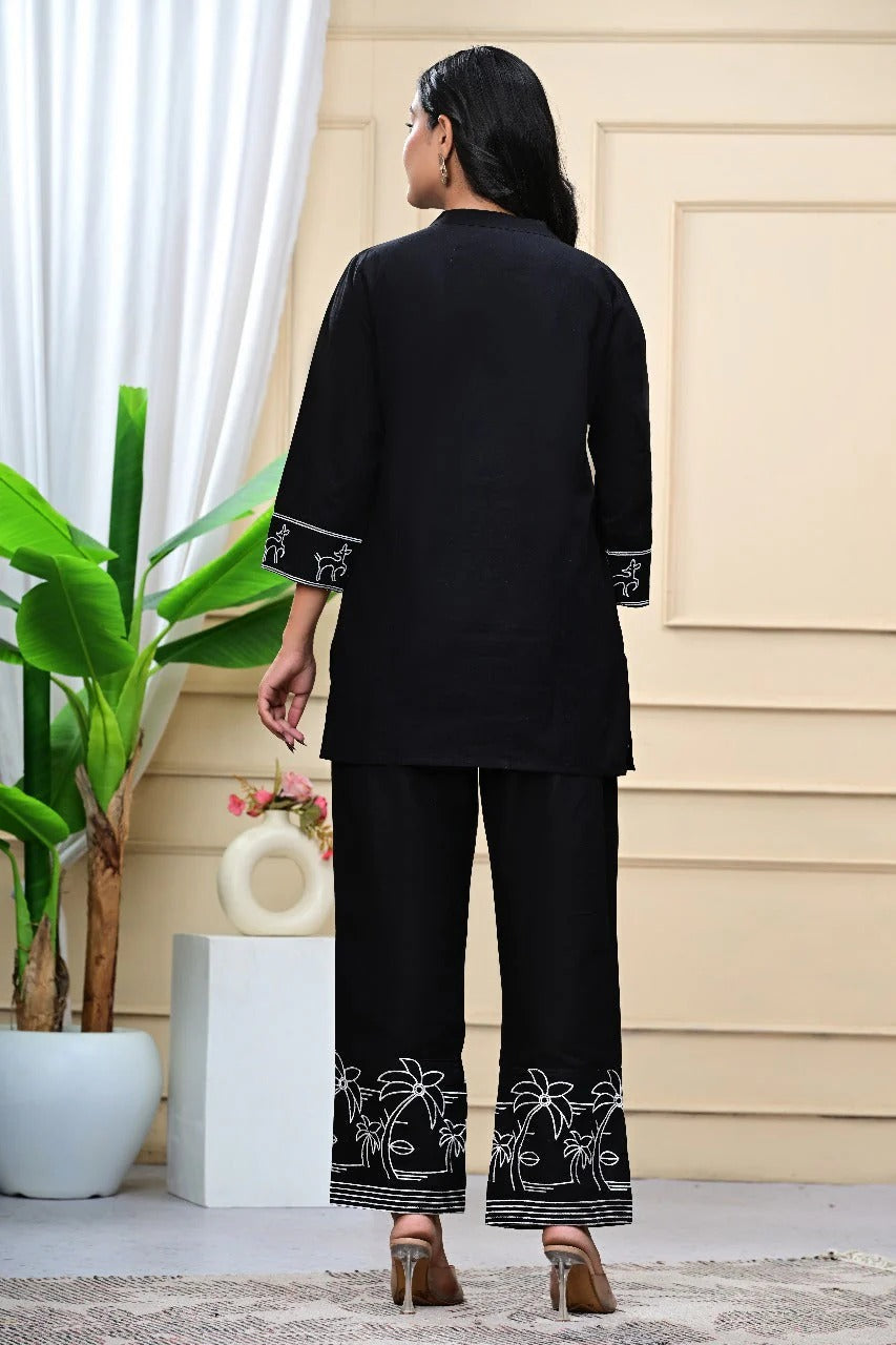 Black Embroidered Cotton Co-ord Set for Women