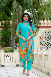 Turquoise Floral Printed Straight Kurta Set with Pant & Chiffon Dupatta