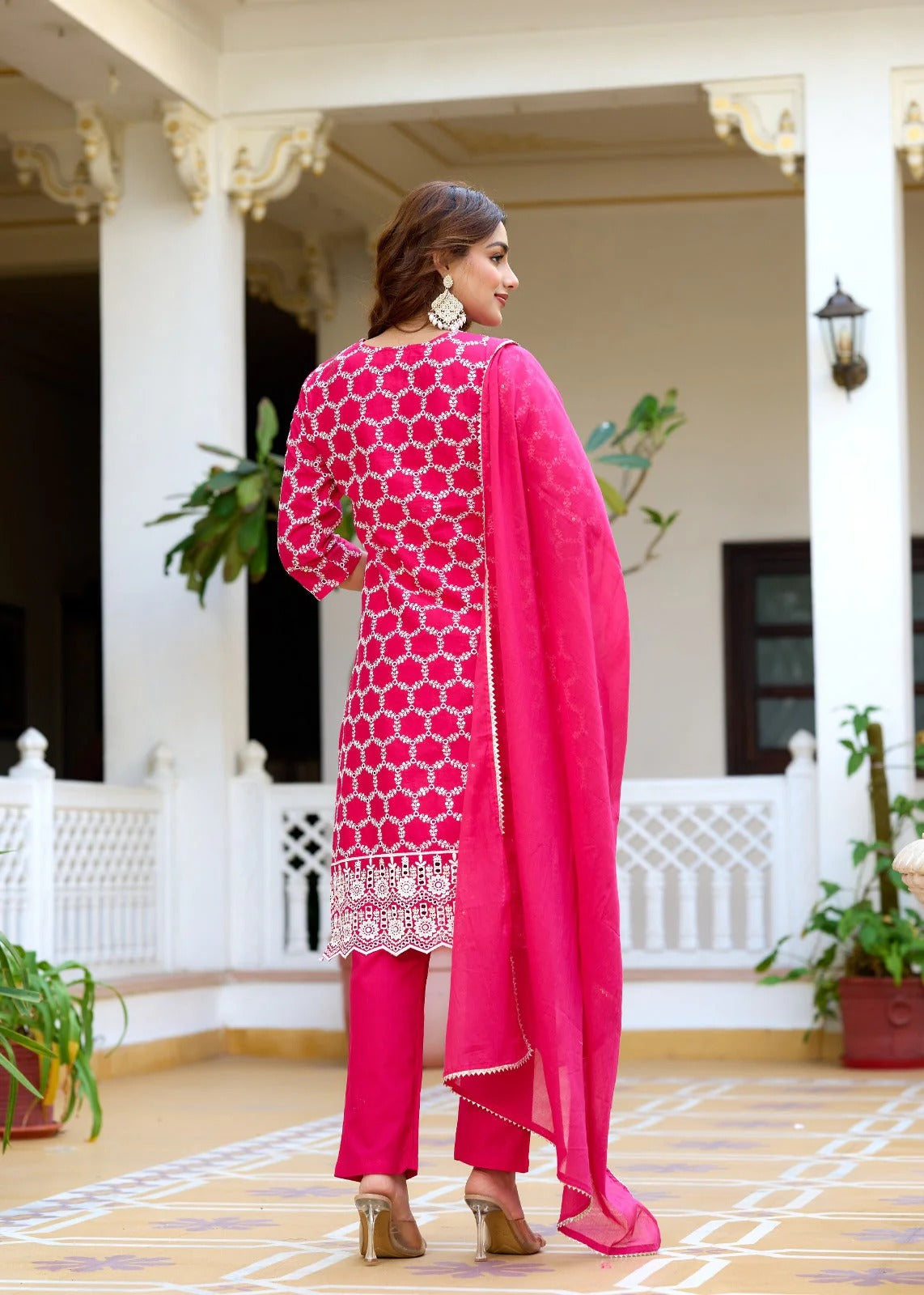 Rani Pink Printed Cotton Straight Kurta Set with Pant & Chiffon Dupatta