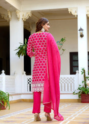 Rani Pink Printed Cotton Straight Kurta Set with Pant & Chiffon Dupatta