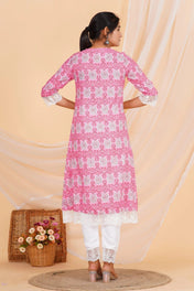 Pink Printed Straight Kurta with Lace Detailing & White Cotton Pant
