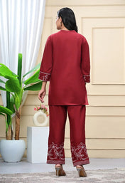 Wine Red Cotton Embroidered Kurta Set for Women