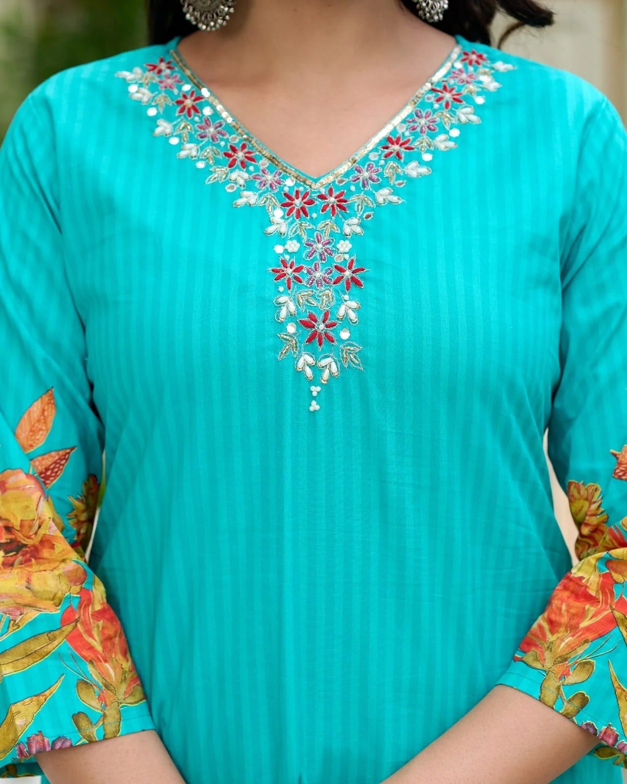 Turquoise Floral Printed Straight Kurta Set with Pant & Chiffon Dupatta