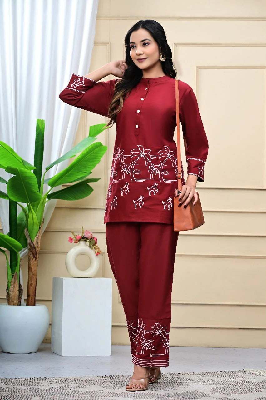 Wine Red Cotton Embroidered Kurta Set for Women