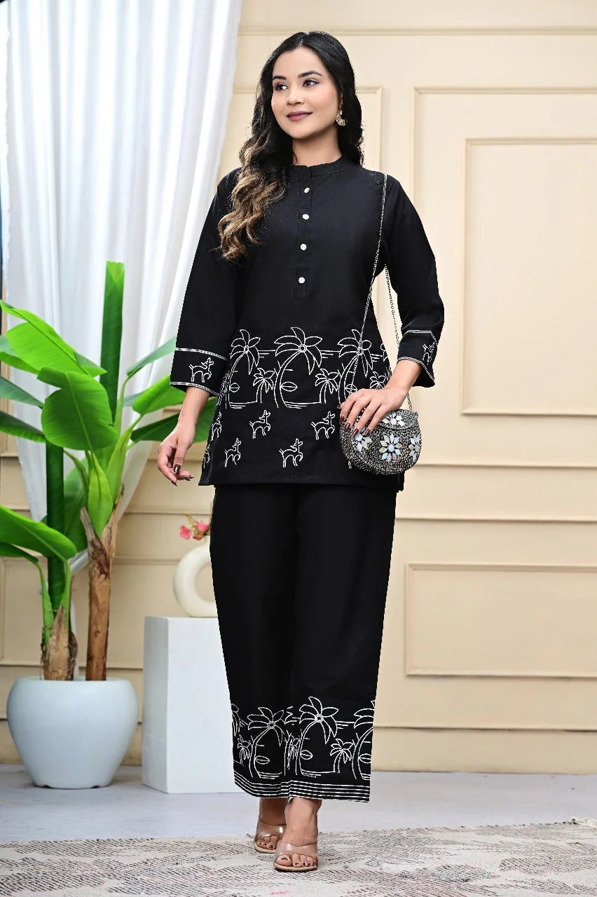 Black Embroidered Cotton Co-ord Set for Women