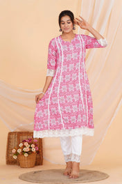Pink Printed Straight Kurta with Lace Detailing & White Cotton Pant