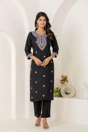Black & White Embroidered Cotton Straight Kurta Set with Chiffon Dupatta
