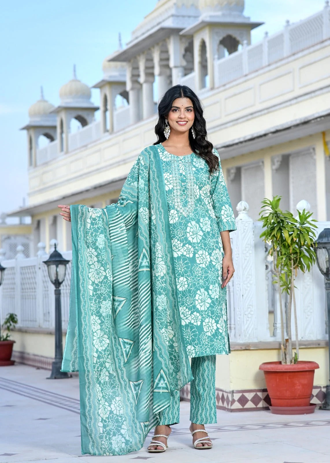 Aqua Blue Floral Printed Cotton Kurta Set with Pant & Dupatta