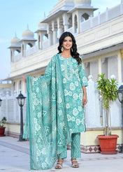 Aqua Blue Floral Printed Cotton Kurta Set with Pant & Dupatta