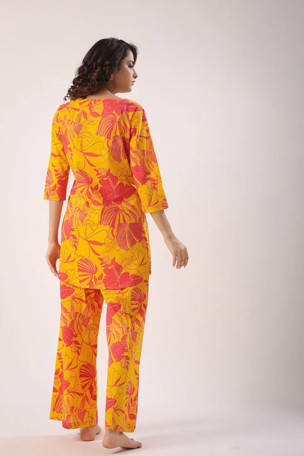 Yellow & Pink Floral Printed Cotton Kurta Set for Women