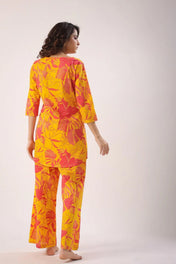 Yellow & Pink Floral Printed Cotton Kurta Set for Women