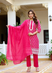 Rani Pink Printed Cotton Straight Kurta Set with Pant & Chiffon Dupatta