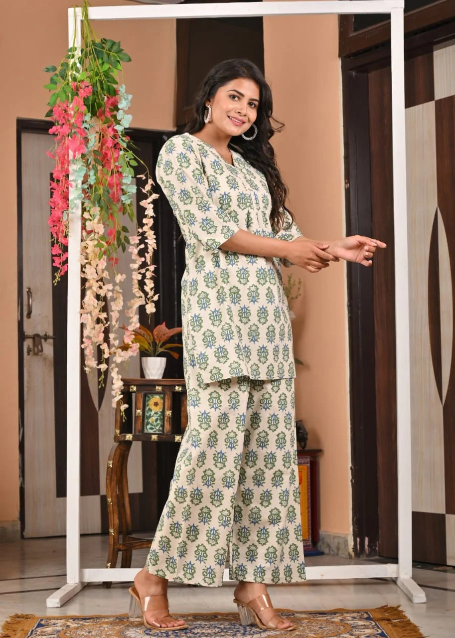 Cream Green Handblock Printed Cotton Kurta Set for Women